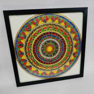 Bold sun-inspired ornate mandala with yellow and orange detailing for vibrant home decor