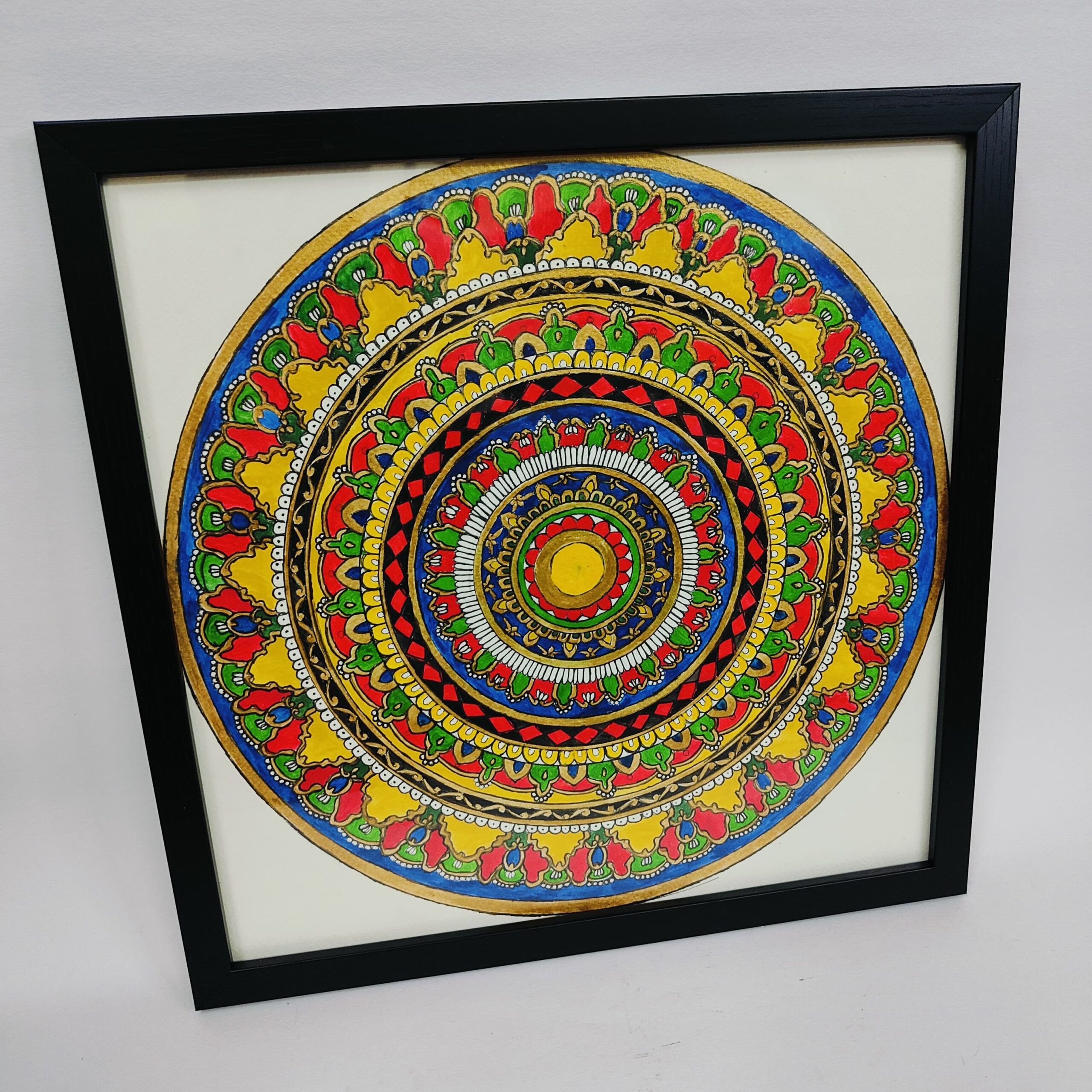 Bold sun-inspired ornate mandala with yellow and orange detailing for vibrant home decor