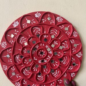 Handcrafted red lippan clay art with mirror work traditional mud mirror wall decor
