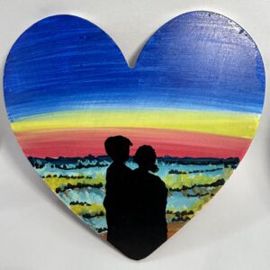 Hand-painted sunset nature painting with romantic couple silhouette