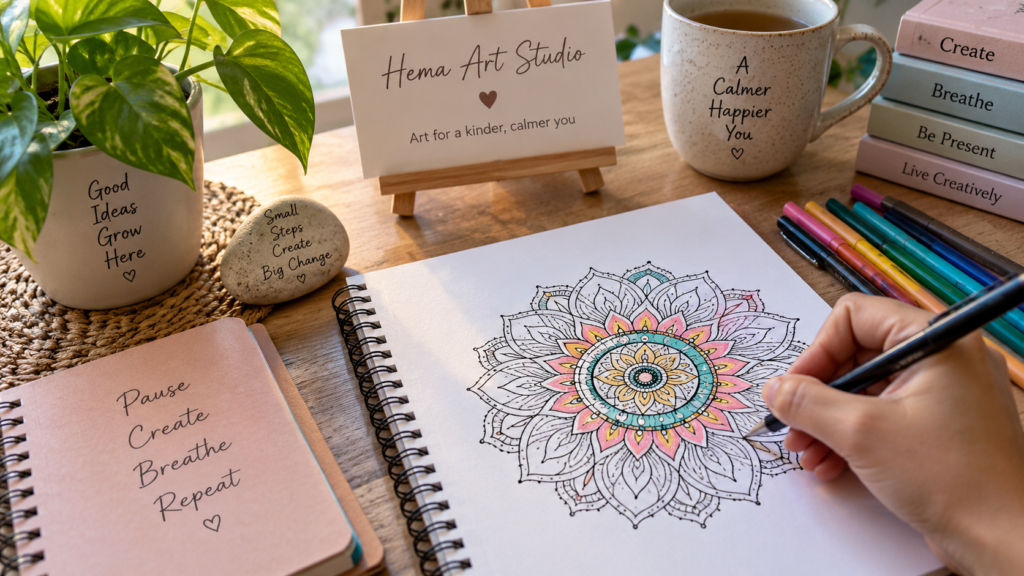 Hands drawing a colourful mandala in a sketchbook at a cosy art workspace