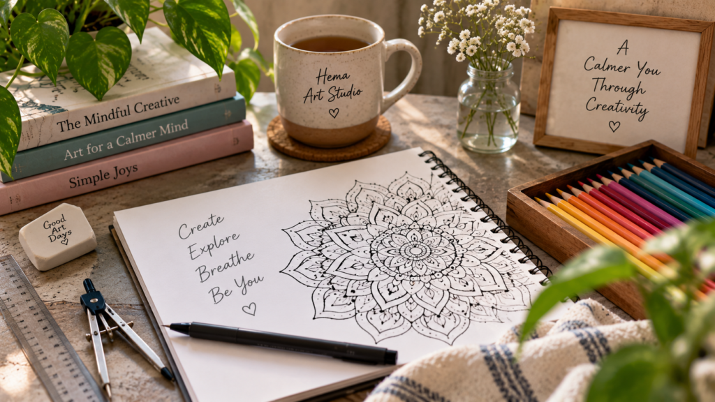 Mandala drawing for beginners with a sketchbook, art supplies and coloured pencils on a cosy creative desk